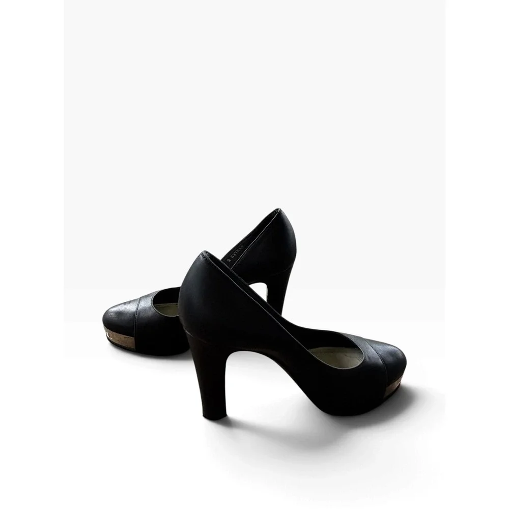 Chanel Silver Plate Platform Pumps 37.5 Black Leather Block Heel Cap Toe